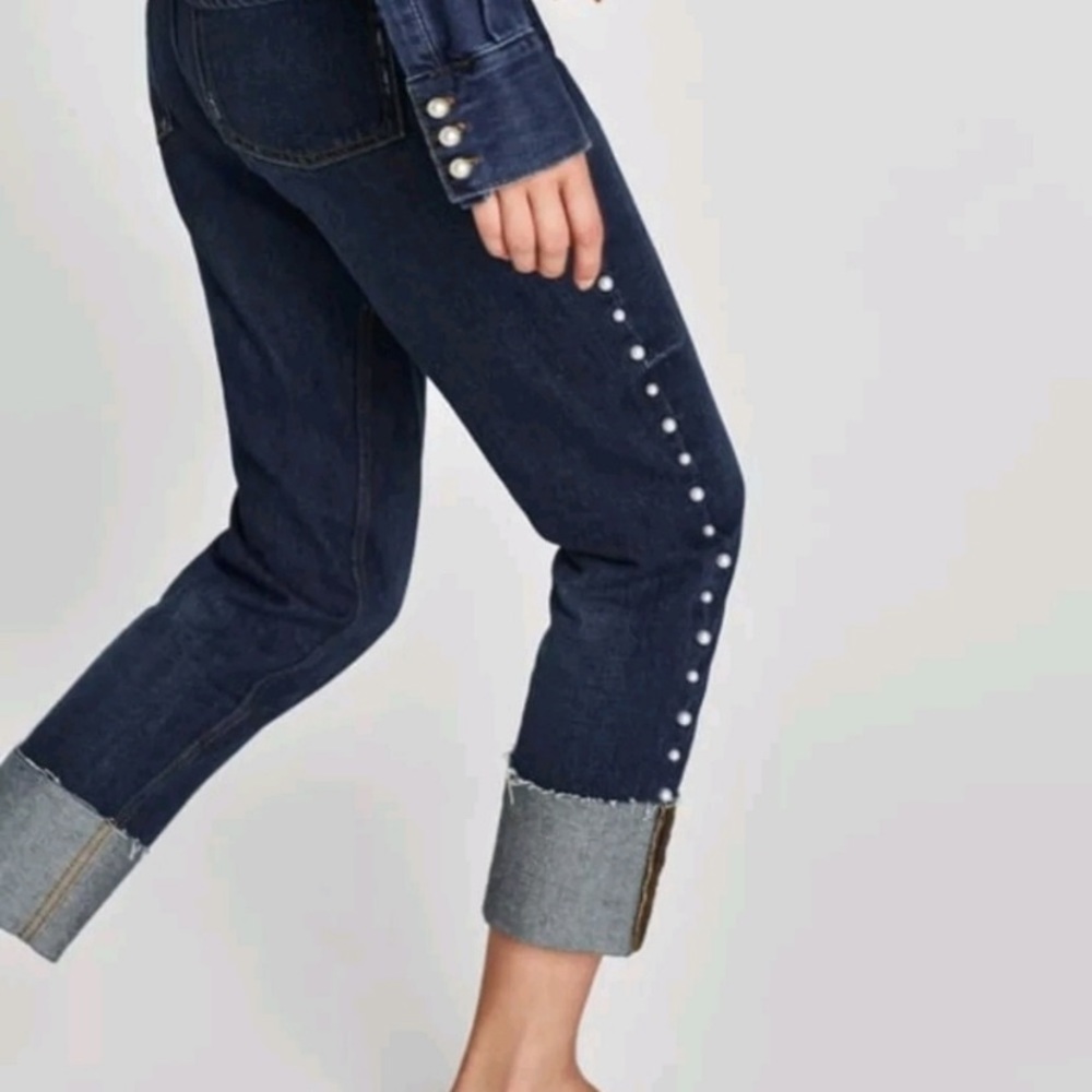 Zara cuffed pearled denim jeans